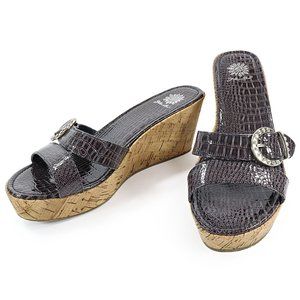 Yellow Box Women's Amber Sandal Cork Wedge Heel Croc Emboss Rhinestone Buckle 10
